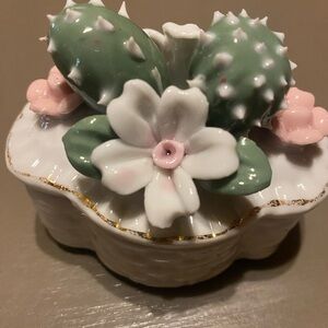 Vintage Porcelain Cactus Trinket Box 3” Tall Floral Jewelry Box Southwest Decor